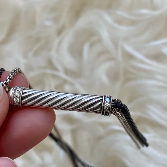 David Yurman Sterling Silver and Black Diamond Tassel Cable Chain Long Necklace - Picture 14 of 15